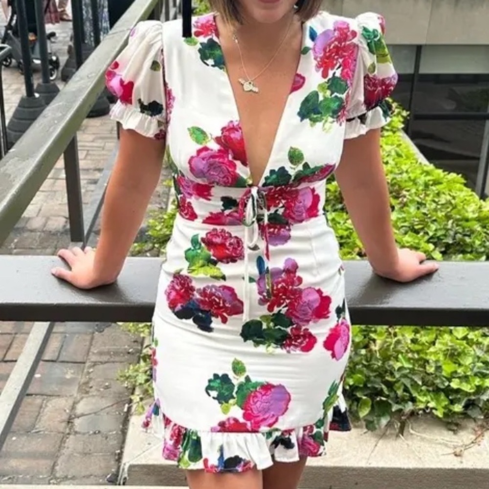 White Floral Tie-Front Mini Dress with Pink & Green Blooms
